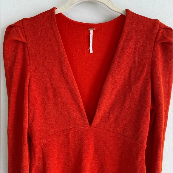 FREE People 70’s Orange Deep V Bell Sleeve Mini Dress Size S - Picture 5 of 12